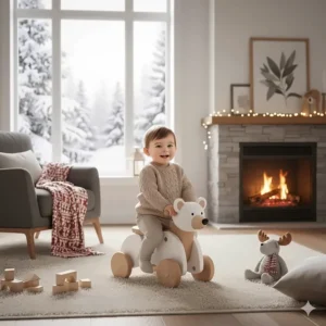 A child using a non-toxic ride-on toy inside a cozy home during a Canadian winter.