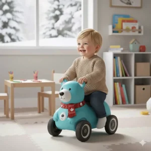 An illustration of a toddler playing with a quiet-wheel ride-on toy inside a basement playroom, ideal for Canadian winters.