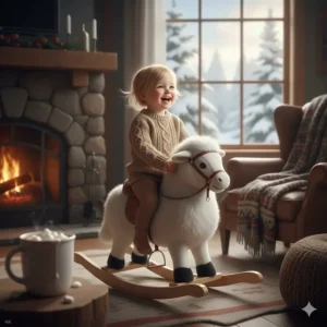 A toddler playing on a plush rocking horse inside a cozy home during a Canadian winter.