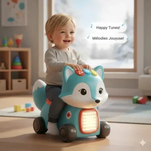 A toddler engaging with buttons and music on an interactive ride-on toy, a top choice for 18-month-olds in Canada.