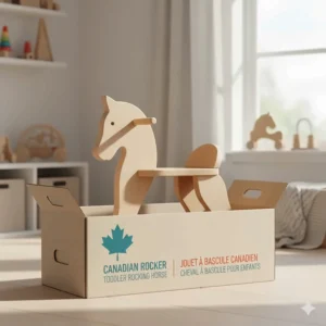 A stylish rocking horse for toddlers with bilingual English and French packaging for Canadian families.