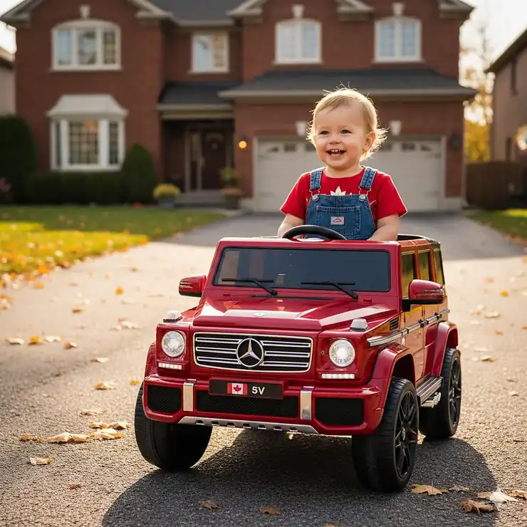 A happy Canadian toddler driving a licensed 6V ride-on car in a suburban Toronto driveway, highlighting premium brand details and safety features. licensed 6v ride on cars