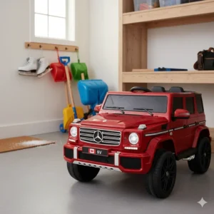 A licensed 6V ride-on car stored neatly in a Canadian garage during the winter season.