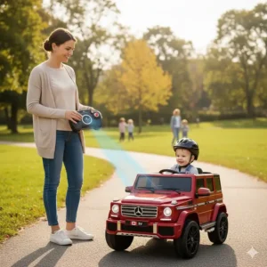 A parent using a 2.4G remote control to guide a licensed 6V ride-on car for added safety.