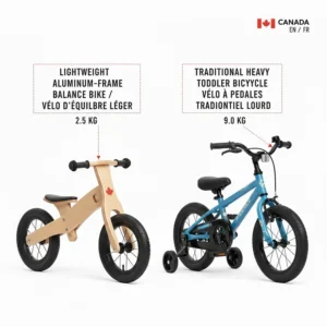A visual comparison showing a lightweight aluminum balance bike frame vs. a traditional heavy toddler cycle.