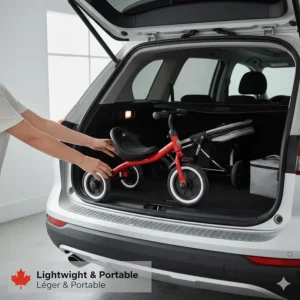 Illustration showing a lightweight low tricycle for short toddlers fitting easily into the trunk of a family car.