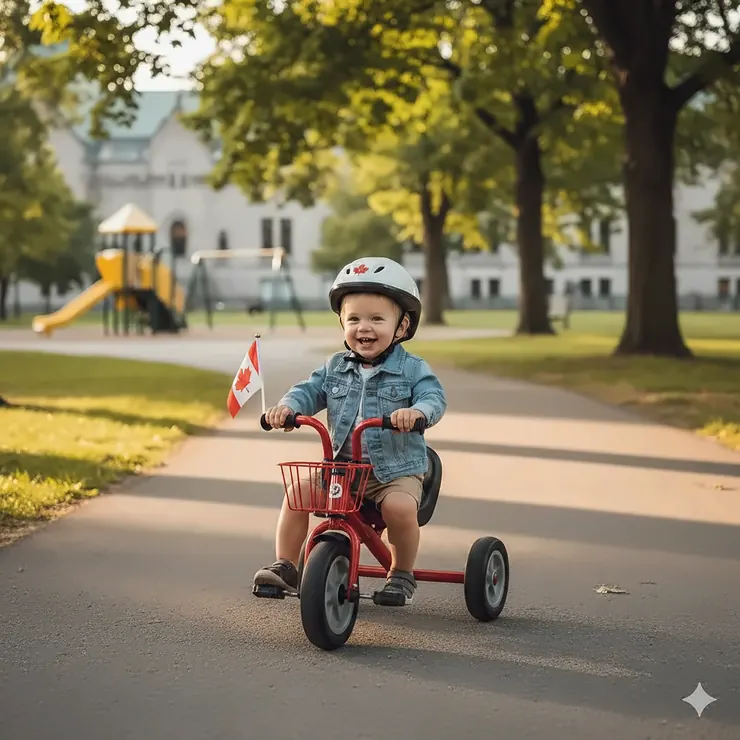 A young child riding a low tricycle for short toddlers on a paved park path in Canada with greenery in the background.