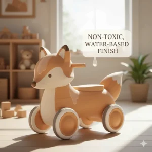 Detailed illustration of a sustainable, natural wood ride-on toy with non-toxic, water-based finishes.