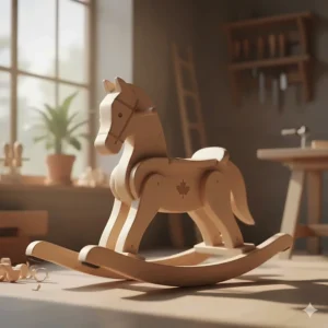 Sustainable maple wood rocking horse for toddlers, highlighting eco-friendly Canadian craftsmanship.