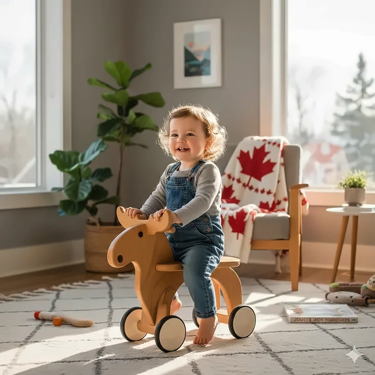 A toddler happily riding a wooden non-toxic ride-on toy in a bright, modern Canadian living room with a maple leaf decor accent. non toxic ride on toys