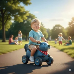 A child riding a durable foot-to-floor toy on a paved Canadian park path during the summer.
