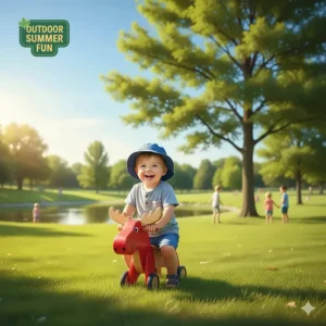 Illustration of a child playing with a non-toxic ride-on toy at a local Canadian park during summer.