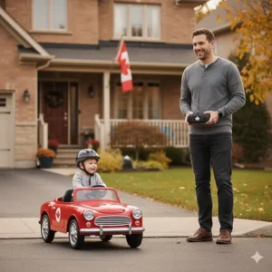 An illustration of a parent using a remote control to guide a 6V ride-on car, ensuring safety for younger Canadian kids.