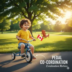 A colorful graphic showing a toddler learning pedal coordination on a sturdy tricycle for outdoor summer play in Canada.