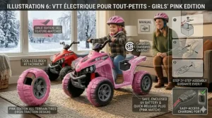 A bright pink 6v electric ATV for toddlers, perfect for young adventurers across Canada (VTT électrique pour tout-petits).