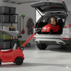 Diagram showing a toddler push car with a folding handle for easy transport in a car trunk or SUV.