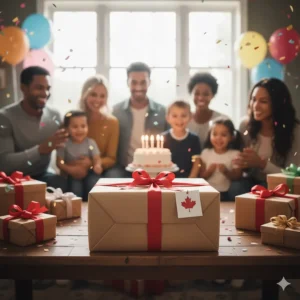 A wrapped wooden rocking horse for toddlers at a birthday party in a Canadian household.