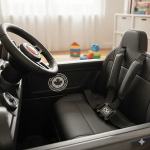 Close-up of safety seatbelts and easy-grip steering on 6V ride-on cars for preschoolers, meeting Canadian safety guidelines.