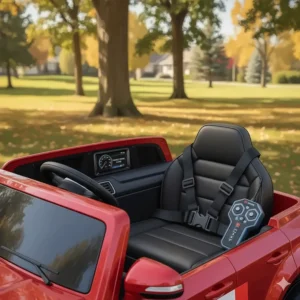 Illustration of safety harnesses and parental remote control for a toddler's first electric car.