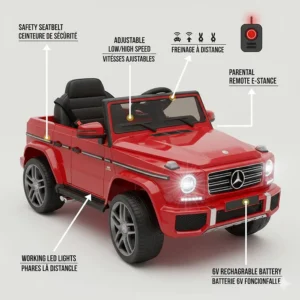 Diagram of safety features on a 6V licensed ride-on car including seatbelts and adjustable speeds.