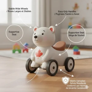 A diagram highlighting safety features like stable wheels and handles on a ride-on toy for 18-month-olds, meeting Canadian safety standards.