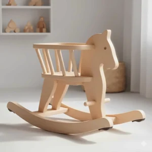 Illustration showing the safety rails and sturdy base of a rocking horse for toddlers.