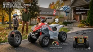 Diagram showing safety features of a 6v electric ATV for toddlers, including sturdy tires and easy-grip handlebars.