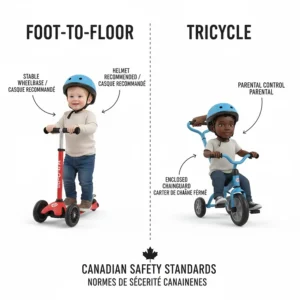 Diagram highlighting safety features like stable wheelbases and helmets for foot-to-floor vs tricycle toddler toys.
