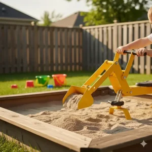 A backyard excavator sand digger for kids, a unique and affordable ride on toy under $100 CAD for Canadian summers.