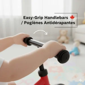 Detailed illustration of non-slip handlebars designed for the small hands of short toddlers on a low-profile tricycle.