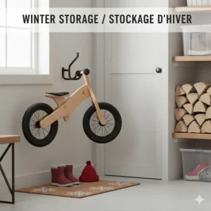 A graphic showing a lightweight balance bike being stored easily in a Canadian garage or mudroom.
