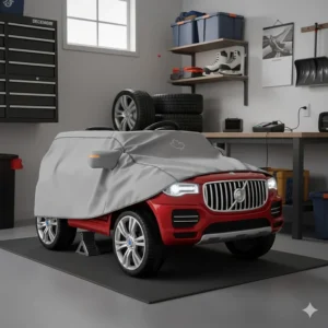 A graphic showing how to store a toddler's electric vehicle in a garage during a Canadian winter.