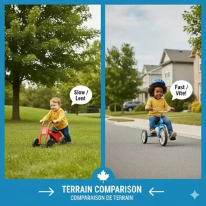 Illustration comparing how foot-to-floor toys and tricycles perform on Canadian park grass versus smooth sidewalks.