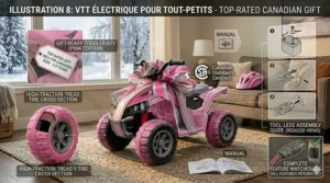 A 6v electric ATV for toddlers wrapped with a bow, labeled as a top-rated gift for Canadian kids.