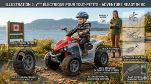 A young child wearing a helmet on a red 6v electric ATV for toddlers, inspired by West Coast outdoor play.