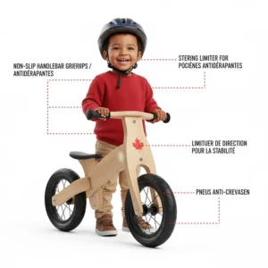 Illustration of a kids' balance bike highlighting non-slip grips and a steering limiter for safer riding.