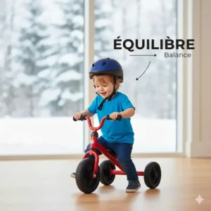Illustration of a toddler developing motor skills on a foot-to-floor bike, labeled in English and French (Equilibre).
