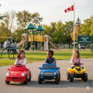 A group of diverse children playing with 6V ride-on cars for preschoolers at a local community park in Ontario.