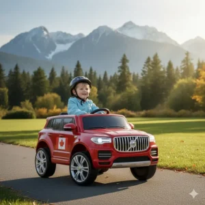 Illustration of a child driving a blue electric car through a park with evergreen trees and mountains.