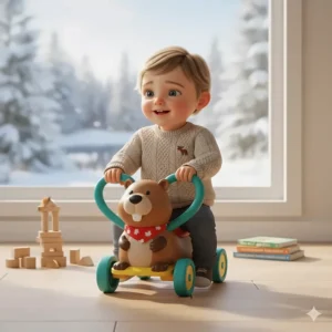 Illustration showing an 18-month-old developing balance and motor skills on a colorful Canadian-themed ride-on toy.