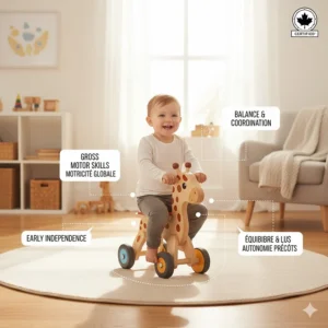 Illustration showing a toddler developing motor skills while using a safe, non-toxic ride-on toy.
