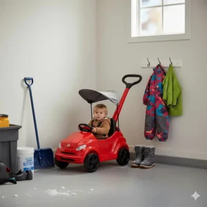 A toddler push car stored neatly in a Canadian garage next to winter gear, showing its compact footprint.