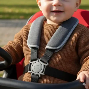 Close-up illustration of a secure 3-point safety harness on a toddler push car with handle.