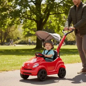 A toddler push car with handle featuring a protective UV sun canopy for outdoor summer walks.