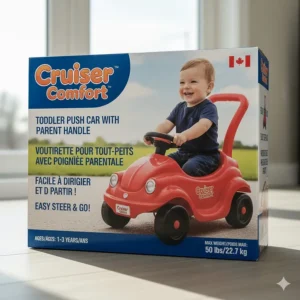 Product packaging for a toddler push car with handle featuring English and French labels for the Canadian market.