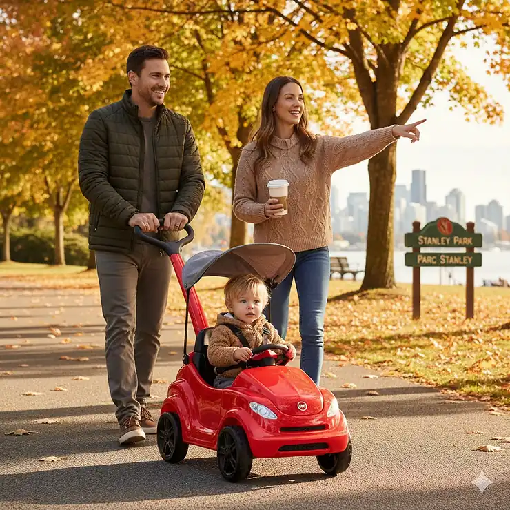 A parent pushing a red toddler push car with handle on a scenic paved walking trail in a Canadian suburban park during autumn. toddler push cars with handle