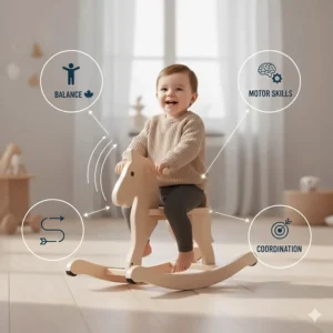 Infographic showing how a rocking horse for toddlers helps develop balance and motor skills.