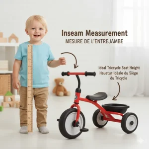 A sizing chart illustration helping Canadian parents measure a toddler’s inseam for the best low tricycle fit.