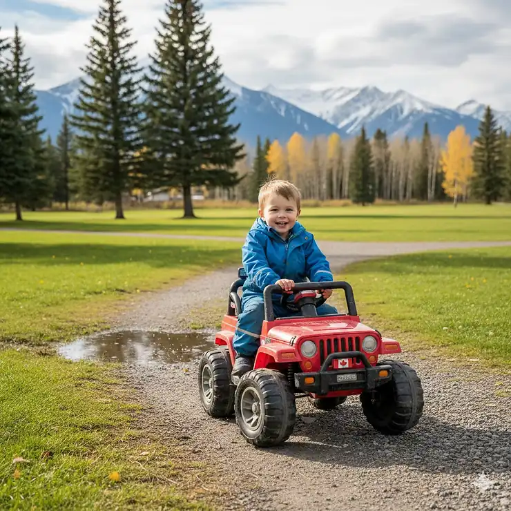 A child enjoys a weather resistant outdoor ride on toy in a lush Canadian park, designed for durability in various climates.
