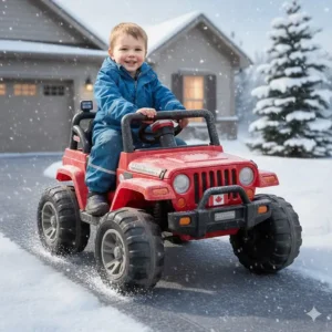 A weather resistant outdoor ride on designed for Canadian winters, featuring UV-protected plastic that won't crack in freezing temperatures.